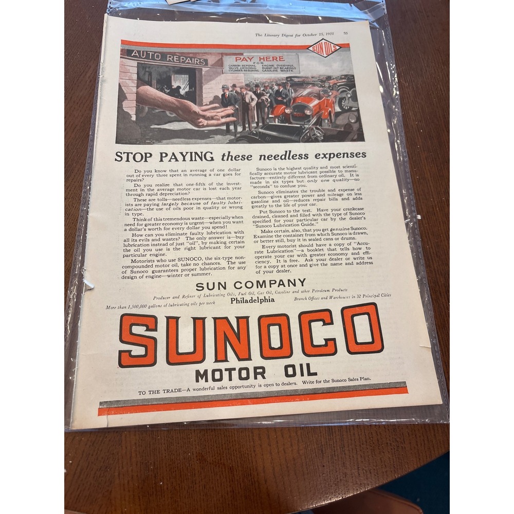 Sunoco Vintage Print Ad 1921 Orange Motor Oil Gas Station Petroliana Decor